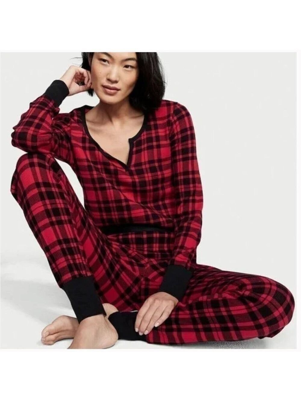 Victoria’s Secret Gingham/Plaid Long Sleeves Thermal Pajama Set Pjs XSmall